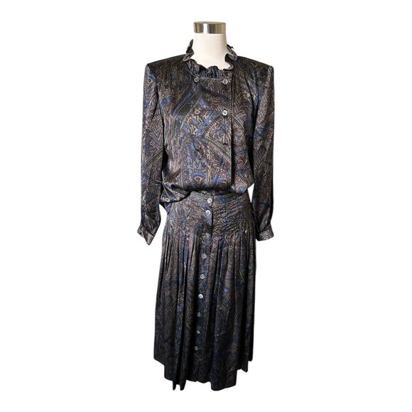 Valentino VTG Miss V Pleated Skirt & Blouse Set Silk 2 Piece Sz 44=US 10 Paisley - Picture 1 of 12